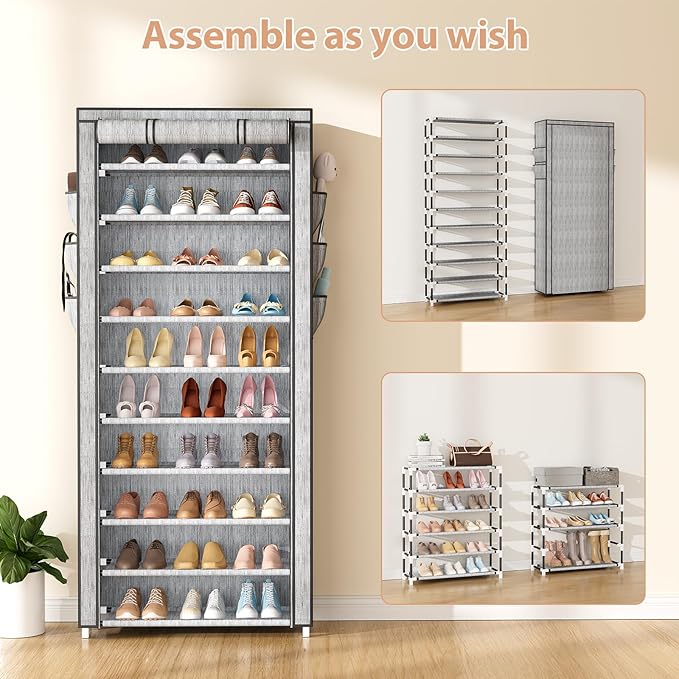 VTRIN Vertical Narrow Shoe Rack Organizer Tall Shoe Rack for Closet Entryway 10 Tier Non-Woven Cover Shoe Shelf Holds 36-41 P