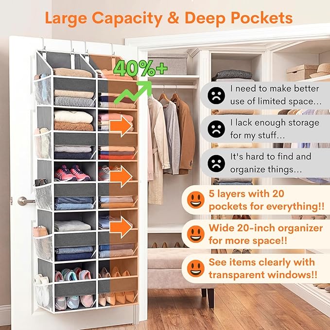 2 Pack Over the Door Organizer 5 Tiers, Extra Large Behind Door Storage of 10 Compartments, 80 lbs Weight Capacity Over Door 