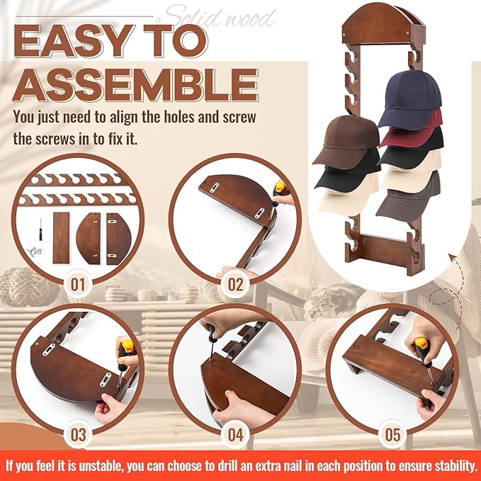 Wonderjune Wooden Hat Racks for Baseball Caps, Wall Mounted Baseball Cap Display Racks, Vertical Hat Storage Organizer, Doubl