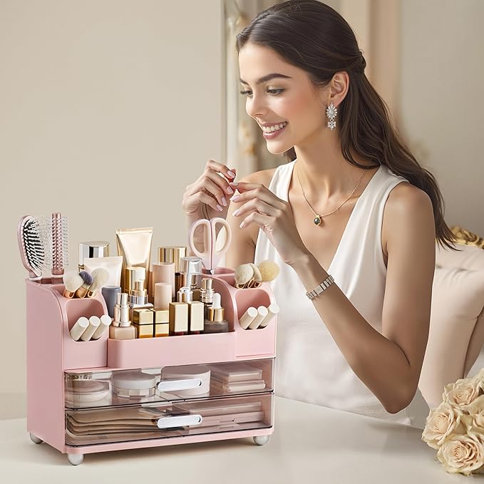 HBlife Makeup Organizer for Vanity with Brush Holder, Large Bathroom Countertop Cosmetic Organizer Skin Care Storage, Easy to