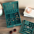 Juvale Velvet Jewelry Box Organizer - 10.5 x 10.5 x 3.5 in, Green - Lockable 2-Tier Travel Jewelry Case & Earring Storage - R