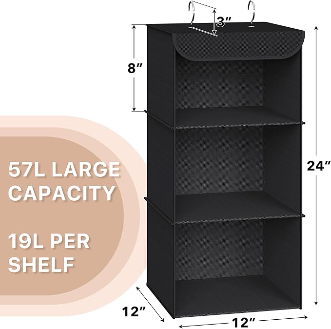 Simple Houseware 3-Shelf Hanging Closet Organizer, Fabric Storage Shelves with 57L Capacity, Black