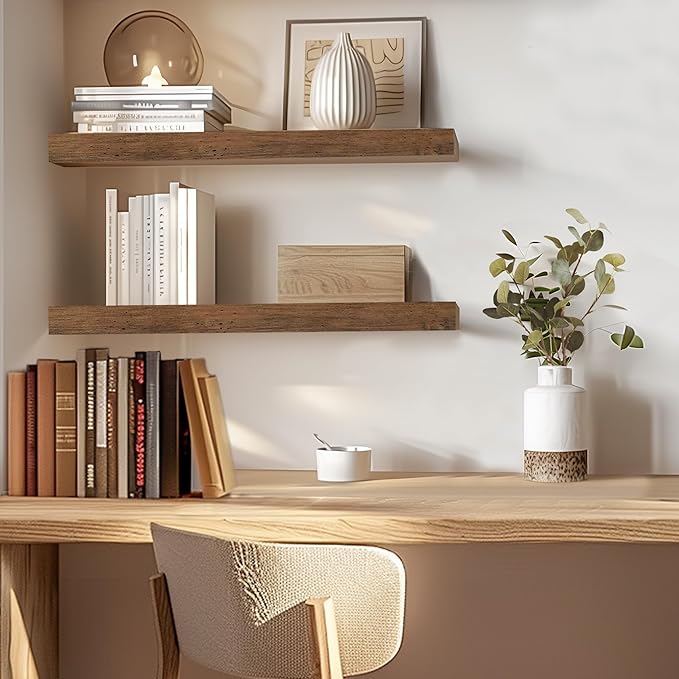 INHABIT UNION Rustic Brown Floating Shelves for Wall，24in Wall Mounted Display Ledge Shelves Perfect for Bedroom, Bathroom, L