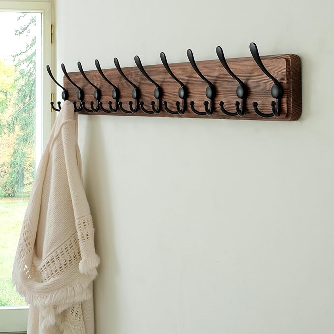 Dseap Coat Rack Wall - Heavy-Duty 38-1/4" Long, with Reinforced 10 Custom Tri-Hooks, Solid Wood Wall Hanger for Coats Hat Jac
