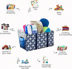 Extra Large Utility Tote Bag - Oversized Collapsible Reusable Wire Frame Rectangular Canvas Basket With Two Exterior Pockets For Beach, Pool, Laundry, Car Trunk, Storage - Navy Sunflower