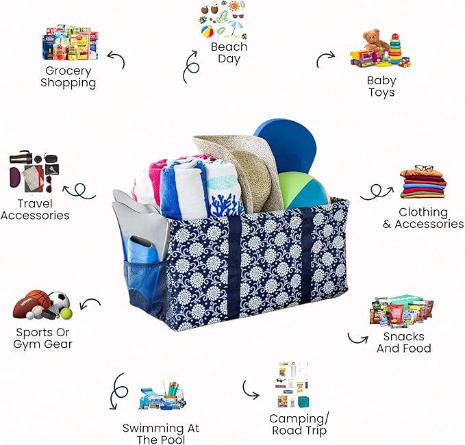 Extra Large Utility Tote Bag - Oversized Collapsible Reusable Wire Frame Rectangular Canvas Basket With Two Exterior Pockets For Beach, Pool, Laundry, Car Trunk, Storage - Navy Sunflower