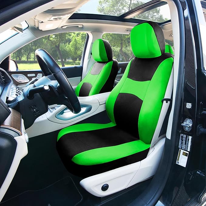 Automotive Seat Covers Green Universal Fit Combo Set with Steering Wheel Cover and Seat Belt Pad fits most Cars, SUVs, and Tr
