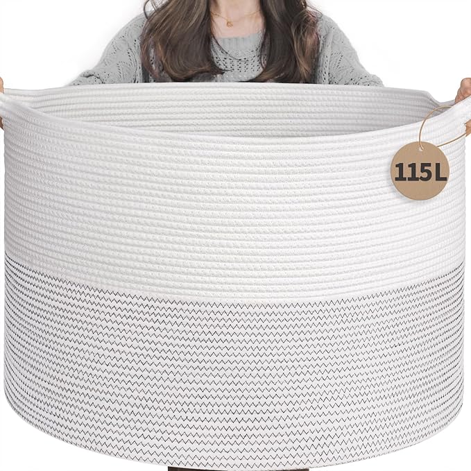 INDRESSME 115L Extra Large Blanket Basket, Cotton Rope Toy Baskets Storage Kids Toy Bin for Playroom Decor Woven Baby Laundry