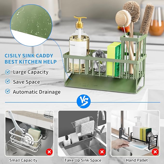 Cisily Kitchen Sink Caddy, Sponge Holder for Kitchen Sink, Kitchen Sink Organzier and Storage with High Brush Holder, 304 Sta