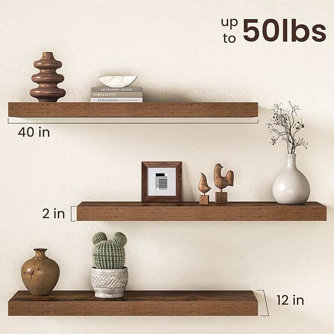 40Inch Floating Shelves for Wall, 12 Inch Deep Shelves for Bedroom, Kitchen, Bathroom Wall Mounted, Rustic Wood Floating Shel