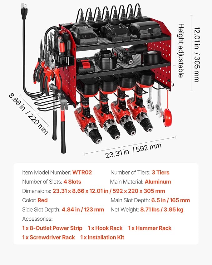VEVOR Power Tool Organizer with Charging Station, 3-Layer Drill Storage Rack with 4 Drill Holders & Side Pegboard, Garage Too