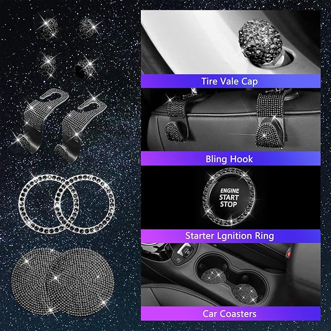 25PCS Bling Car Car Accessories Set,15 Inch Steering Wheel Cover,Shiny License Plate Frame,Center Console Cover and Rearview Mirror Set and Other Car Accessories(Black)