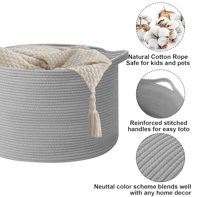 65L Large Blanket Basket,Cotton Rope Woven Storage Basket with Handles, Laundry Hamper for Toys, Clothes, Pillows & Towels, P