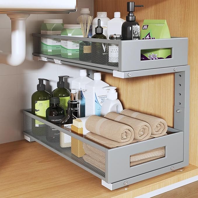 1 Pack 19IN Depth Under Sink Organizer, 2-Tier Pull Out Cabinet Organizer With Smooth Circular Rail, Large Capacity Metal Mes