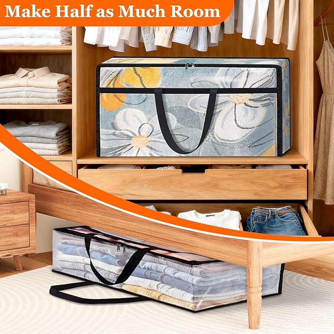 TasticTotes 6 Pack Long Clear Storage Bags for Comforter, Clothes & Bedding, Plastic Blanket Storage with Zipper and Handle, 