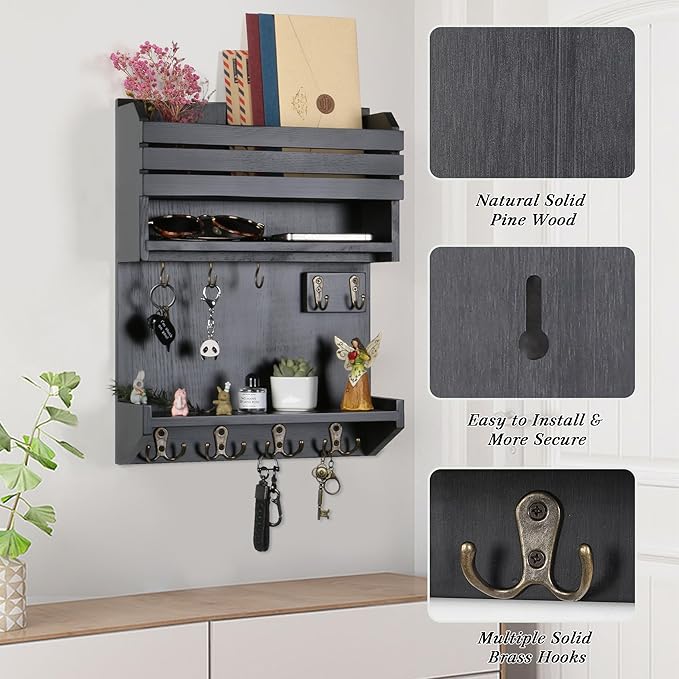 Key Holder, Wall Mounted Mail Organizer, Keys Holder on Wall with 9 Key Hooks, Black