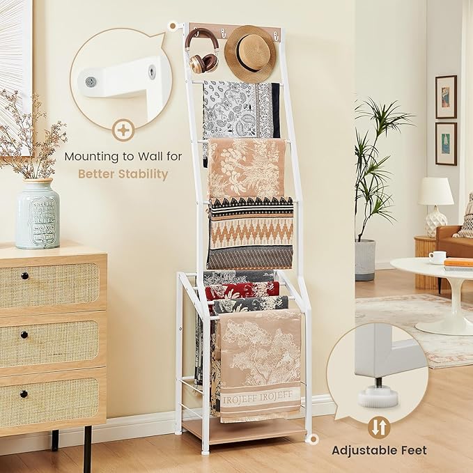 Pinzoveco Blanket Ladder, 7 Tier Blanket Ladders for The Living Room,Wooden Ladder Shelf with Hooks, 5.5ft Blanket Holder Rac