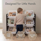 Humble Crew 9-Bin Toy Organizer – Journey Natural Espresso with White Plastic Bins, 3-Tier Storage Solution for Kids' Playroo