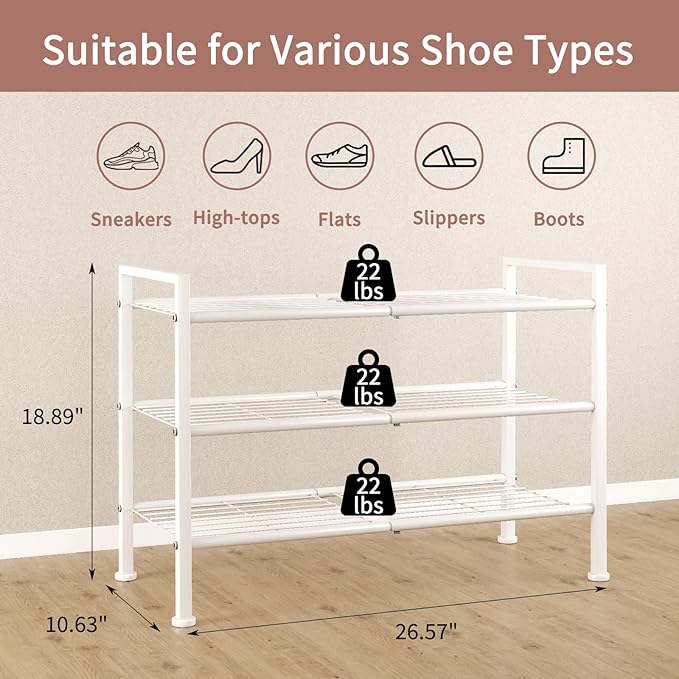 3-Tier Metal Shoe Rack, Sturdy Floor-Mounted Storage Organizer for Closet Entryway Garage Dorm Room, Easy Assembly Multi-Purp