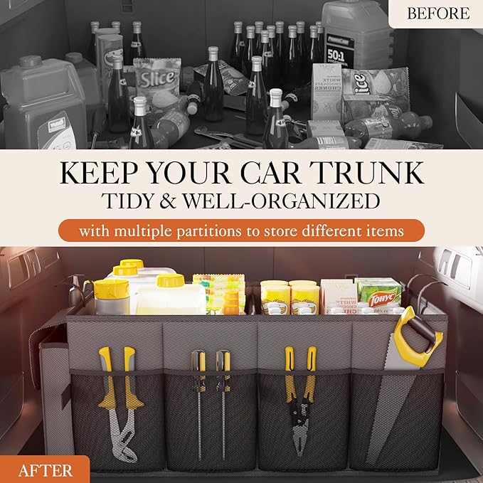 HOTOR Foldable Trunk Organizer - 2-Compartment 21.3x12.6x10.6 Grey SUV & Sedan Organizer for Accessories, Tools and Sundries