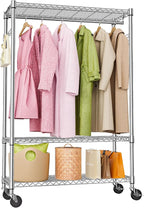 M MZG Heavy Duty Rolling Garment Rack 3 Tiers Adjustable Wire Shelving Clothes Rack with 1 Rods and Side Hooks,Storage Closet