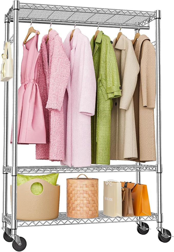 M MZG Heavy Duty Rolling Garment Rack 3 Tiers Adjustable Wire Shelving Clothes Rack with 1 Rods and Side Hooks,Storage Closet