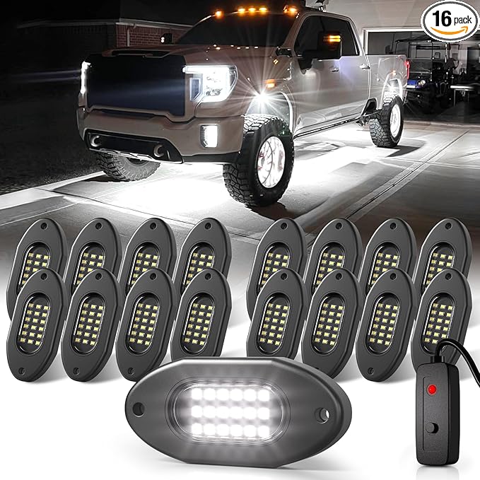 Honalia Pure White Rock Lights for Trucks 16 Pods, 6000K White LED Rock Lights Kits with Switch