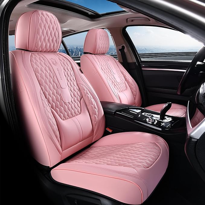 Coverado Seat Covers Full Set, Pink Car Seat Covers, Waterproof Car Seat Cover with Lumbar Support, Leather Car Seat Cushion 