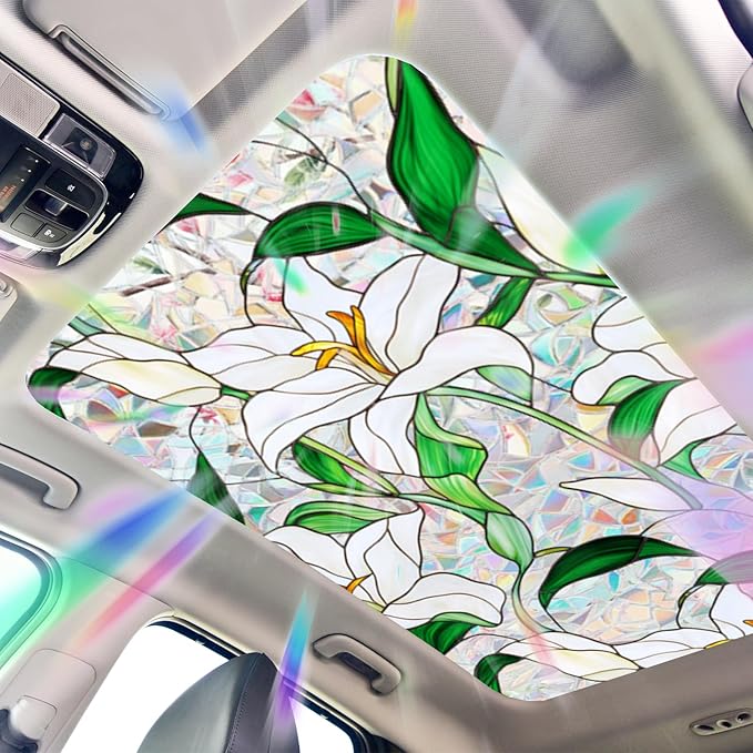 Niviy Window Privacy Film Lily White Flowers Stained Glass Window Film, Sun Protection Decals for Car Moonroof, Static Cling Rainbow Sticker Covering for Wedding Home Door (16.93 x 39.37inch)