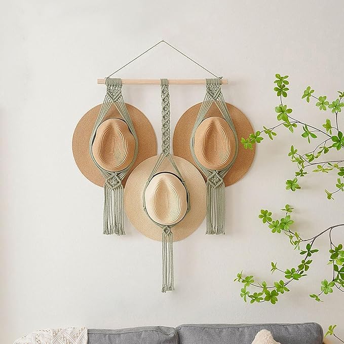 Tissting Macrame Hat Hangers Boho Hat Rack for Wall Hat Holder Display Organizer Bobo Hanging Hat Organizer Storage for Wide 