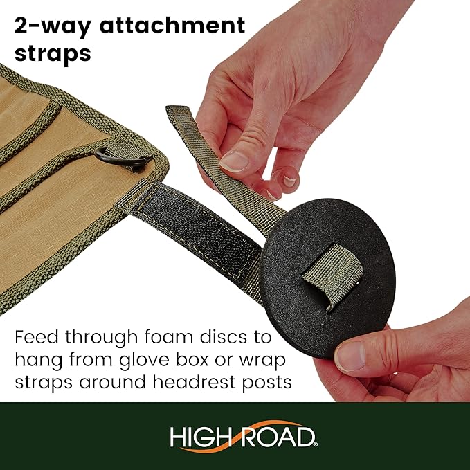 High Road Cairn Front Seat Car Trash Bag with Storage Pockets and Hanging Attachments, Waxed Nylon with Faux Leather Trim