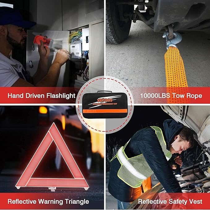 Vetoos Car Roadside Emergency Kit with Jumper Cables, Auto Vehicle Safety Road Side Assistance Kits, Winter Car Kit for Women