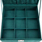 Juvale Velvet Jewelry Box Organizer - 10.5 x 10.5 x 3.5 in, Green - Lockable 2-Tier Travel Jewelry Case & Earring Storage - R