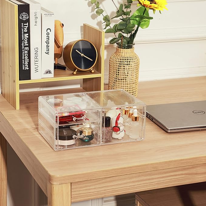 Cq acrylic 1 Pack Clear Stackable Storage Drawers for Vanity,Stackable 3 Drawers Desktop Organizer With Drawers,Cute Desk Sto