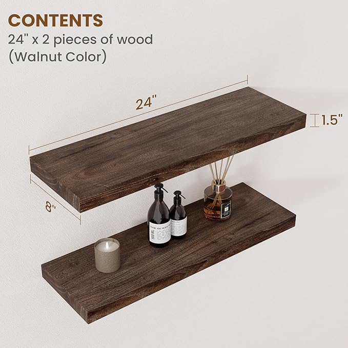 Floating Shelves for Wall Decor, 8 Inch Deep Rustic Solid Elm Wood Floating Shelves Wall Mounted, Wall Shelves with Invisible