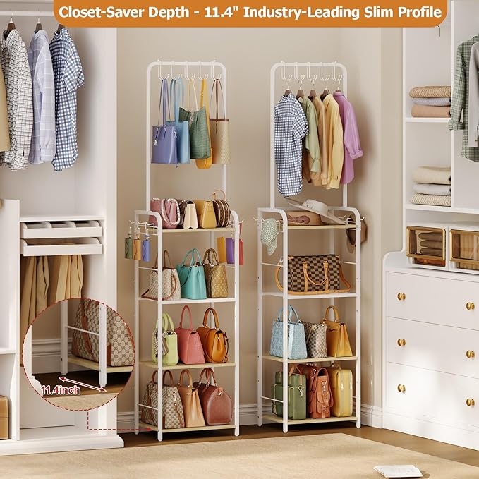 Tall Purse Organizer Stand with 3-Tier Thick Wood + 1-Tier High-Density Mesh, Adjustable Interchangeable, Slim Narrow Freesta
