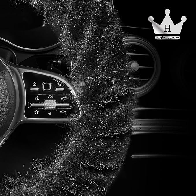Fuzzy Winter Steering Wheel Cover for Women, Warm Cute Fluffy Car Wheel Cover for Sedan, SUV, Soft Furry Girly Plush Car Handle Cover for Cold Weather, 14.75-15.15in, Black