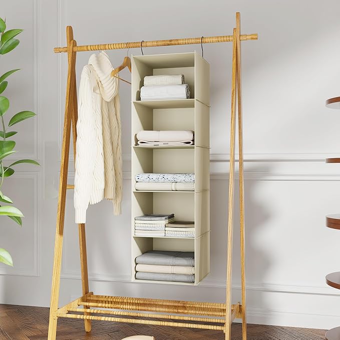 Hanging Closet Organizer, Easy Mount Foldable 5-Shelf Hanging Closet Wardrobe Storage Shelves, Clothes Handbag Shoes Accessor
