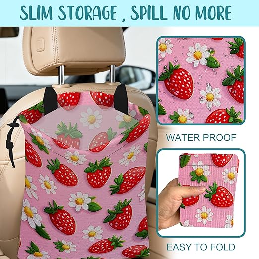 Car Garbage Bag Abstract Strawberry and Floral Hanging Canvas Car Trash Bag Drawstring Car Back Seat Organizer for Car Back Front Seat Console with Adjustable Buckle