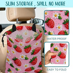 Car Garbage Bag Abstract Strawberry and Floral Hanging Canvas Car Trash Bag Drawstring Car Back Seat Organizer for Car Back Front Seat Console with Adjustable Buckle