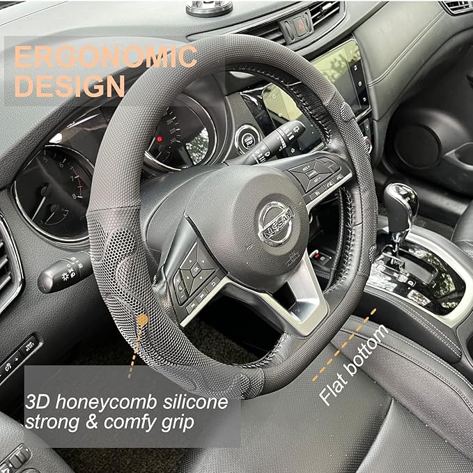 PINCTROT D Shaped Comfy Grip Steering Wheel Cover, Anti-Slip Design, Flat Bottom 14.5-15 Inch(Silicone Black)