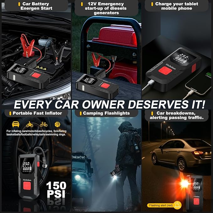 12 V Car 8000 mAh Battery Jump Starter 2800A with 150psI Air Compressor, Compact and Practical Edition QB08L Safe Smart,