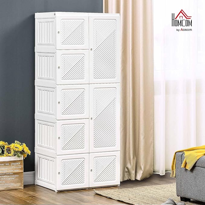 HOMCOM Portable Wardrobe Closet, Folding Clothes Storage Organizer with 6 Cube Compartments, Hanging Rod, 8 Magnet Doors, Whi
