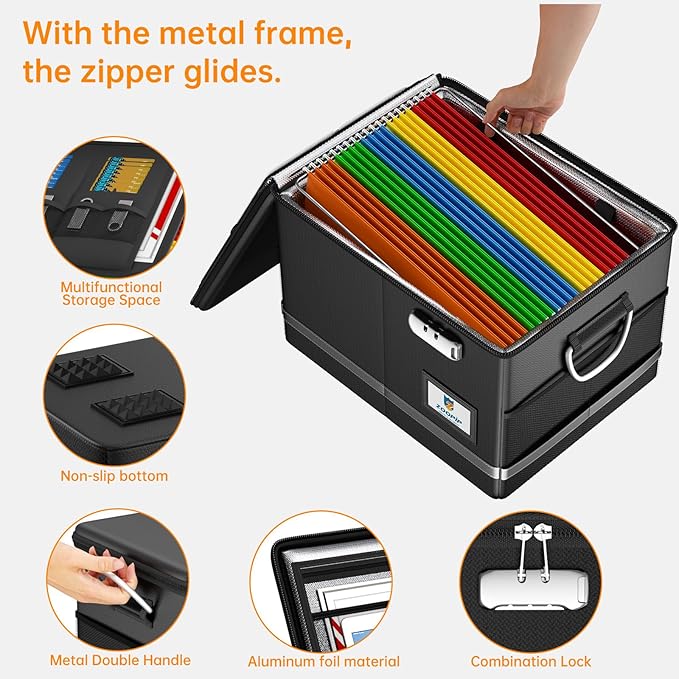 Fireproof Document Box,5200°F File Organizer Box with Lock,Foldable Filing Organizer Cabinet, Portable Safe Storage for Hangi