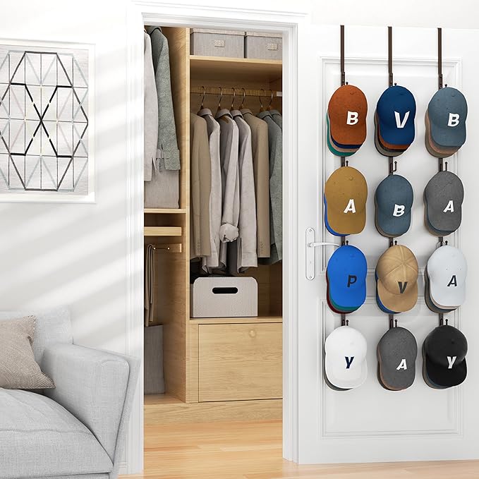 HapiRm Over Door Hat Rack - 3 Packs Hat Organizer with 12 Hooks Design, Hanging Baseball Cap Organizer Storage Holds Up to 60