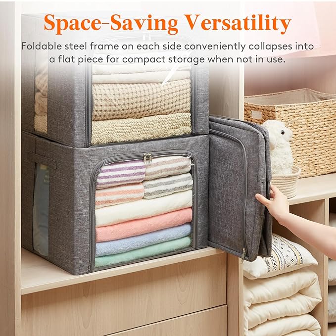Lifewit Clothes Storage Bins with Metal Frame, Stackable Storage Box, Foldable Clothing Storage Bins with Lids, 75L Storage B