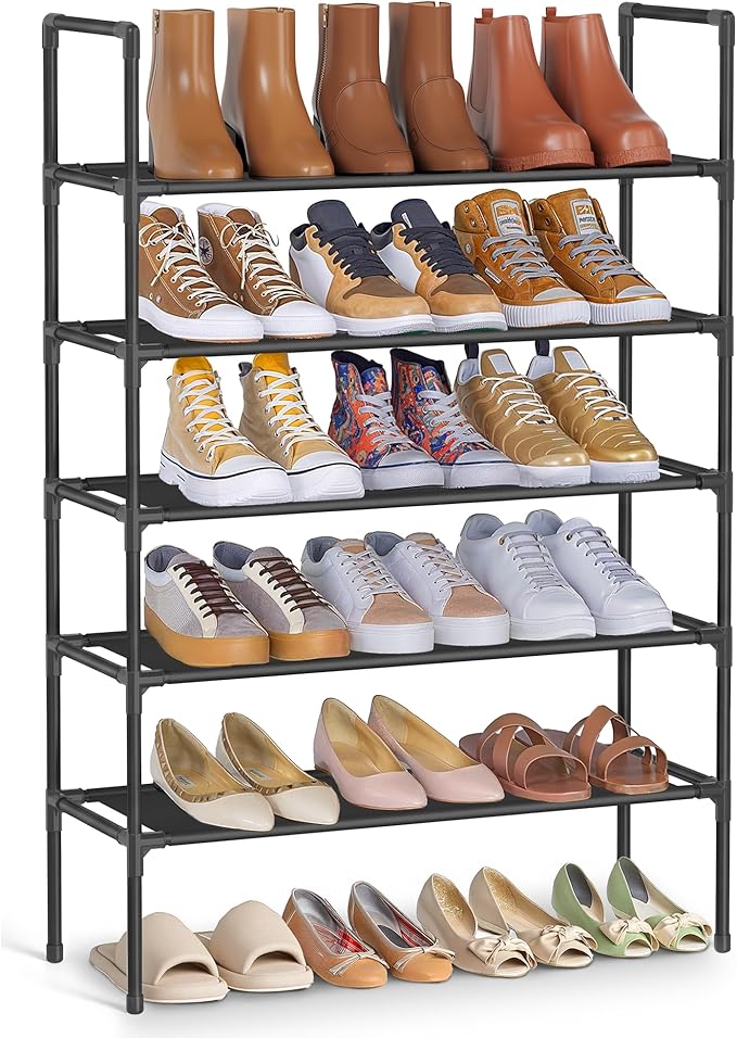SONGMICS 5-Tier Shoe Rack, Shoe Storage for Hallway Closet, Slim and Space-Saving, Metal Frame, Non-Woven Fabric Shelves, Bla