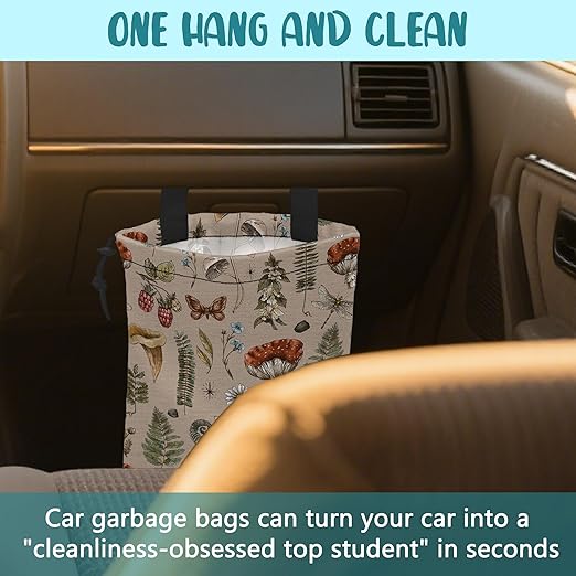 Car Garbage Bag Vintage Mushroom Forest Plants Drawstring Car Trash Bag Hanging for Back Seat with Adjustable Buckle Canvas Vehicle Trash Can Easy-to-Install