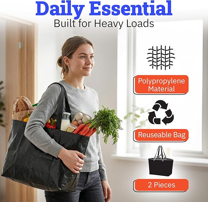 DURASACK Haul-It-All Extra-Large Reusable Shopping Bag – Heavy Duty Open-Top Tote with Handles, 18-Gallon Capacity,Black, Pack of 2