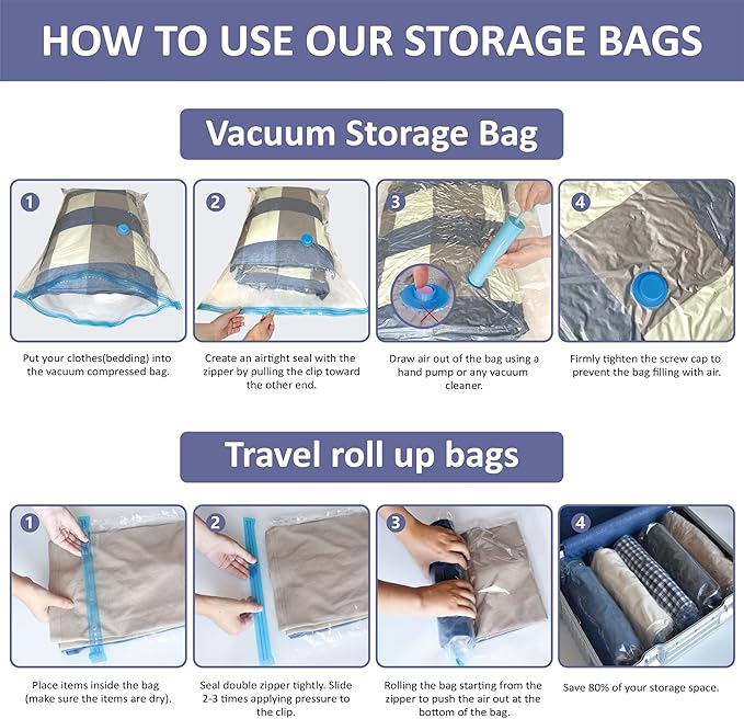 Cozy Essential Vacuum Storage Bags, 80% Compression Vacuum Seal Space Saver Plastic Packaging Bags for Clothes, Blankets, Pil